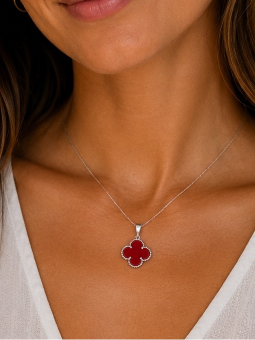 New Sterling Silver Red Clover Pendant